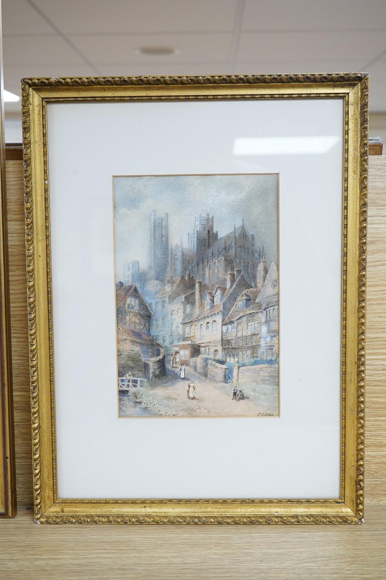 Three watercolours comprising H. Percy Heard, Coastal view, B. Whitmore, Girl beside chickens and C. Gilles, Town scene before a cathedral, largest 36 x 19.5cm
